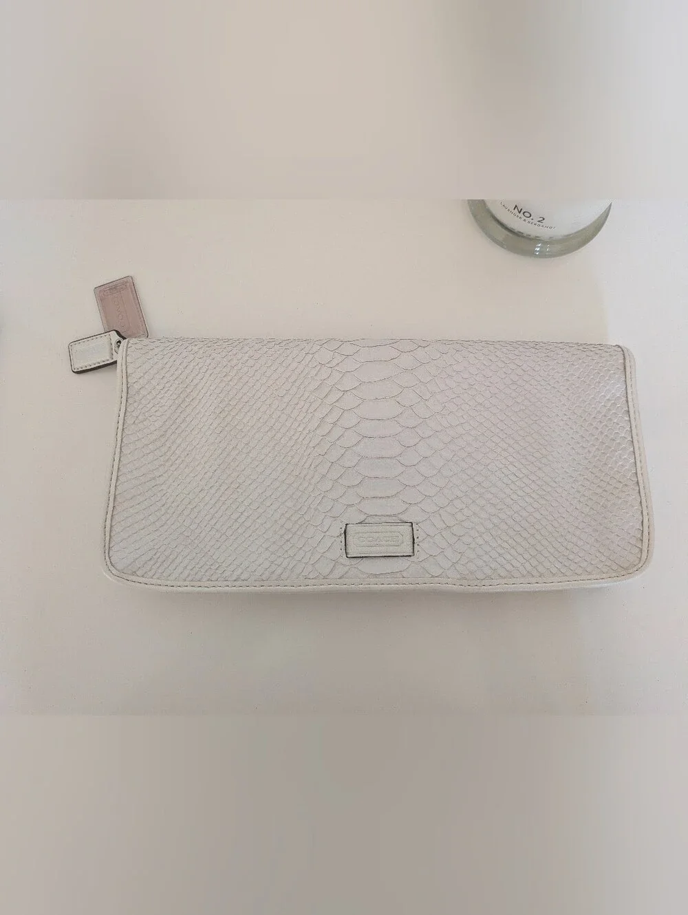 Coach Leather Lizard Embossed White Foldover Clutch